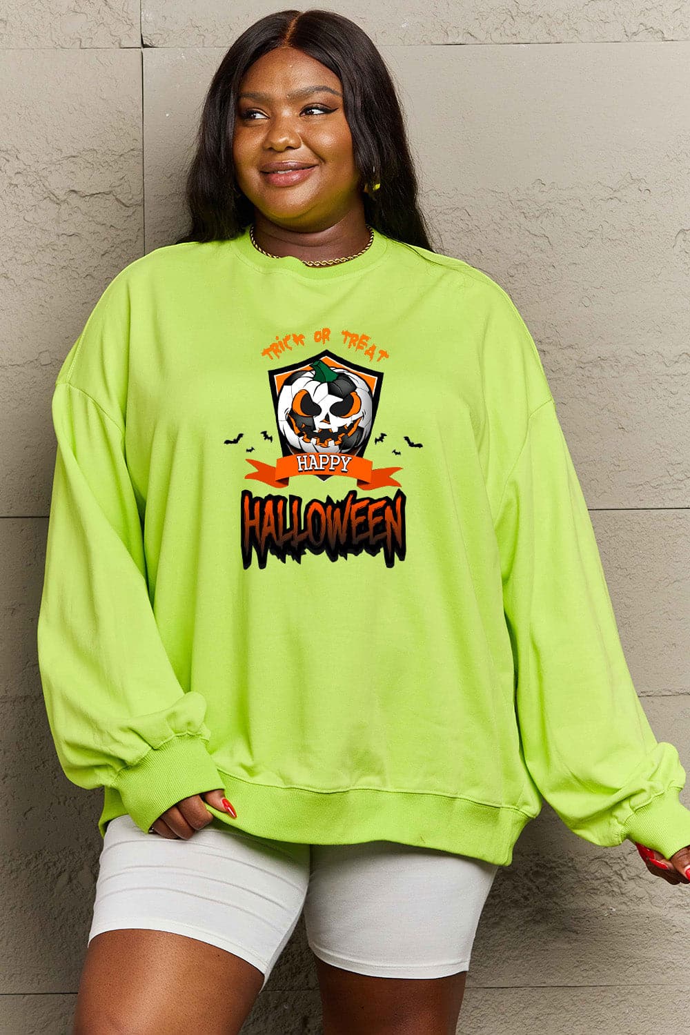 Simply Love Full Size TRICK OR TREAT HAPPY HALLOWEEN Graphic Sweatshirt.