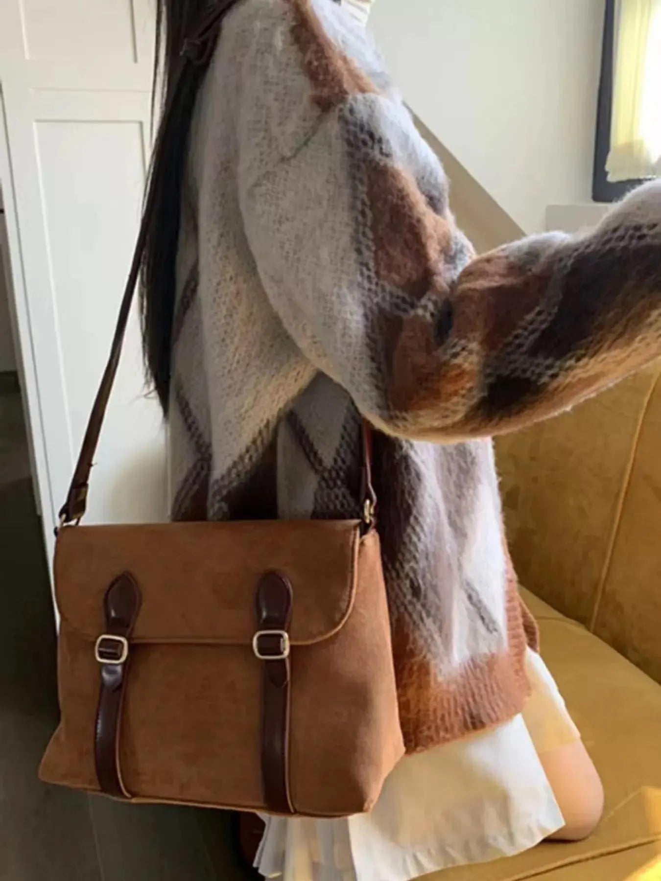 Tan Suede Double Buckle Crossbody Bag With Adjustable Straps Simply Love