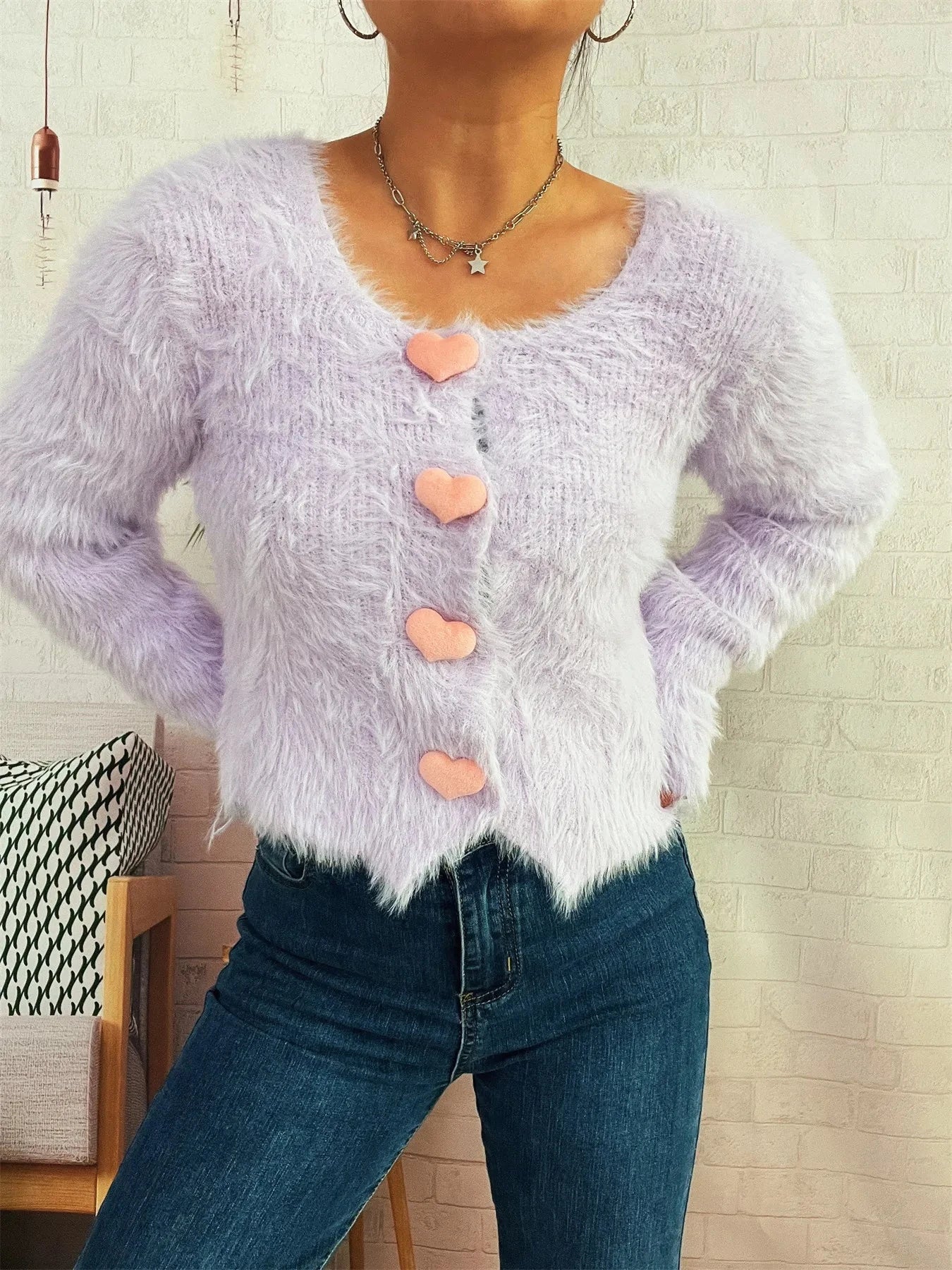 Fuzzy Heart Shape Button-Up Cardigan Coco’s Tee Boutique