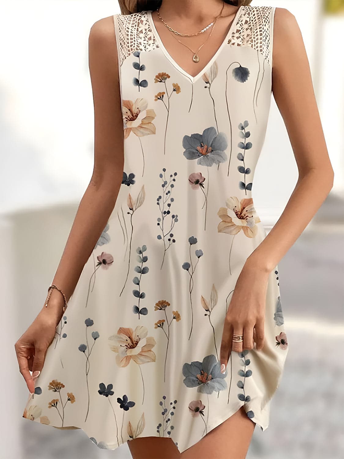 Printed V-Neck Sleeveless Mini Dress.