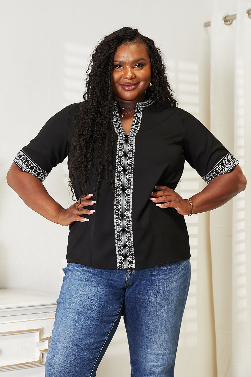 Double Take: Embroidered Notch Neck Top