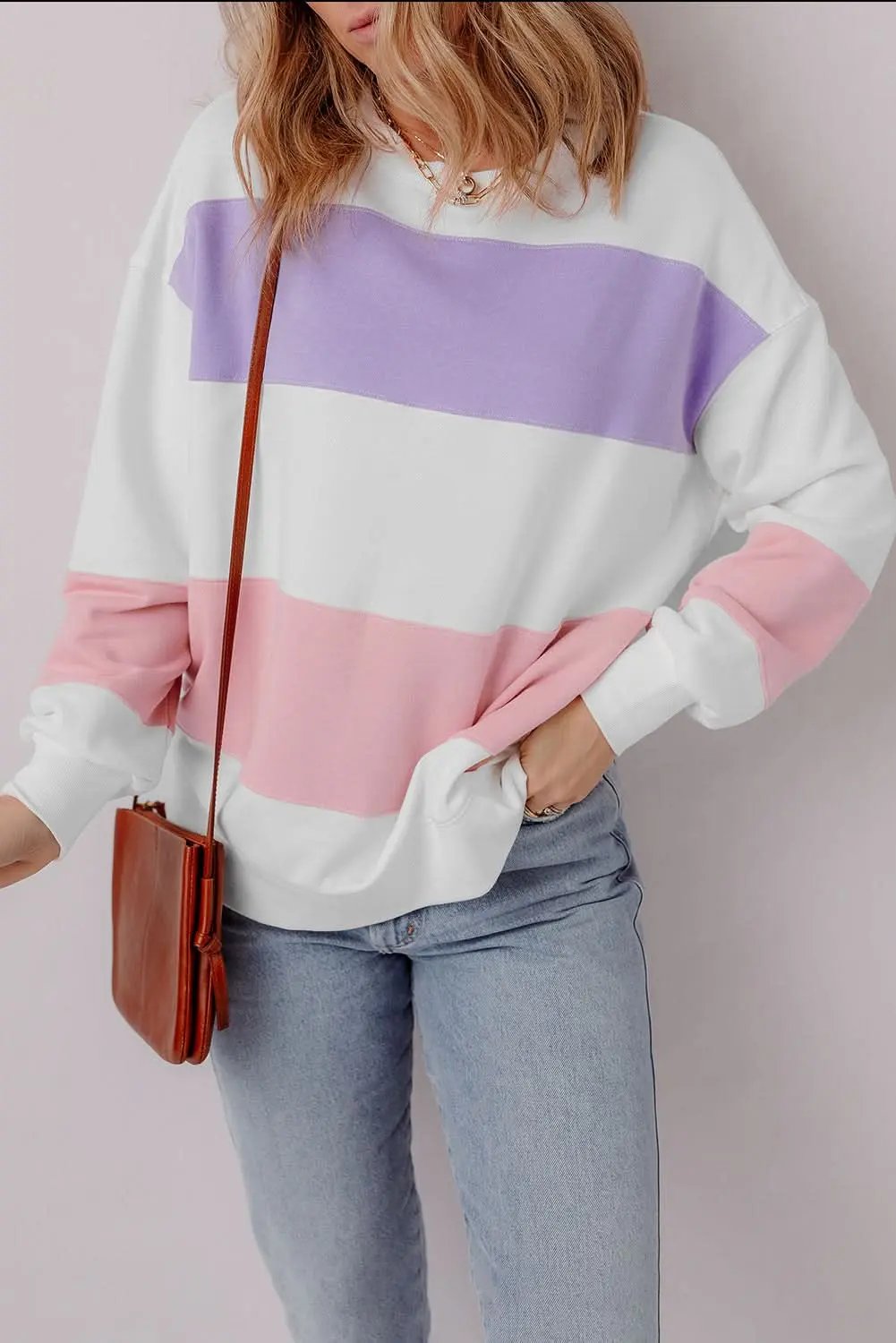 Beige Colorblock Patchwork Drop Shoulder Crewneck Sweatshirt - Love Salve 