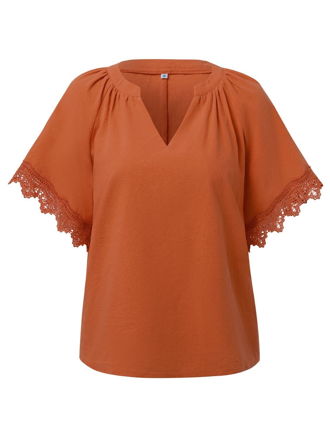 Lace Detail Notched Short Sleeve Blouse.