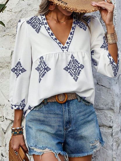 Printed V-Neck Three-Quarter Sleeve Blouse.