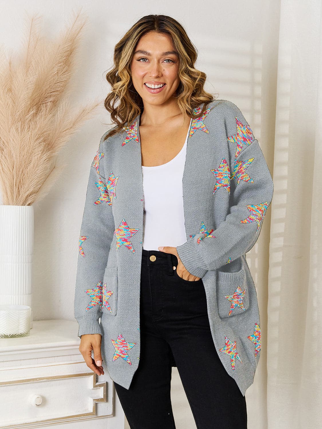 Star Pattern Open Front Cardigan with Pockets.