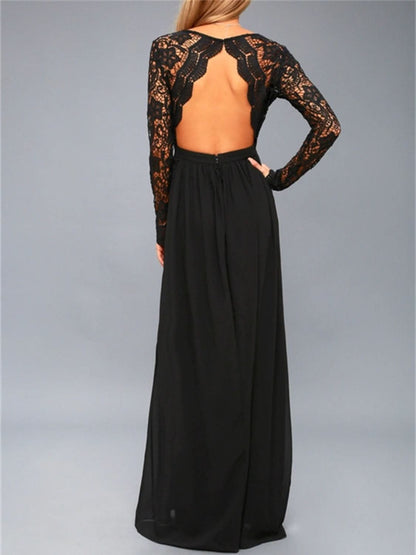 Backless elegance: Lace detail long sleeve maxi dress