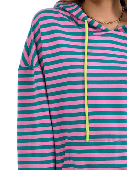 Drawstring Striped Long Sleeve Hoodie.