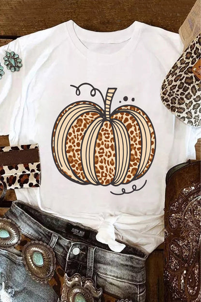 Leopard print pumpkin graphic crewneck Halloween tee