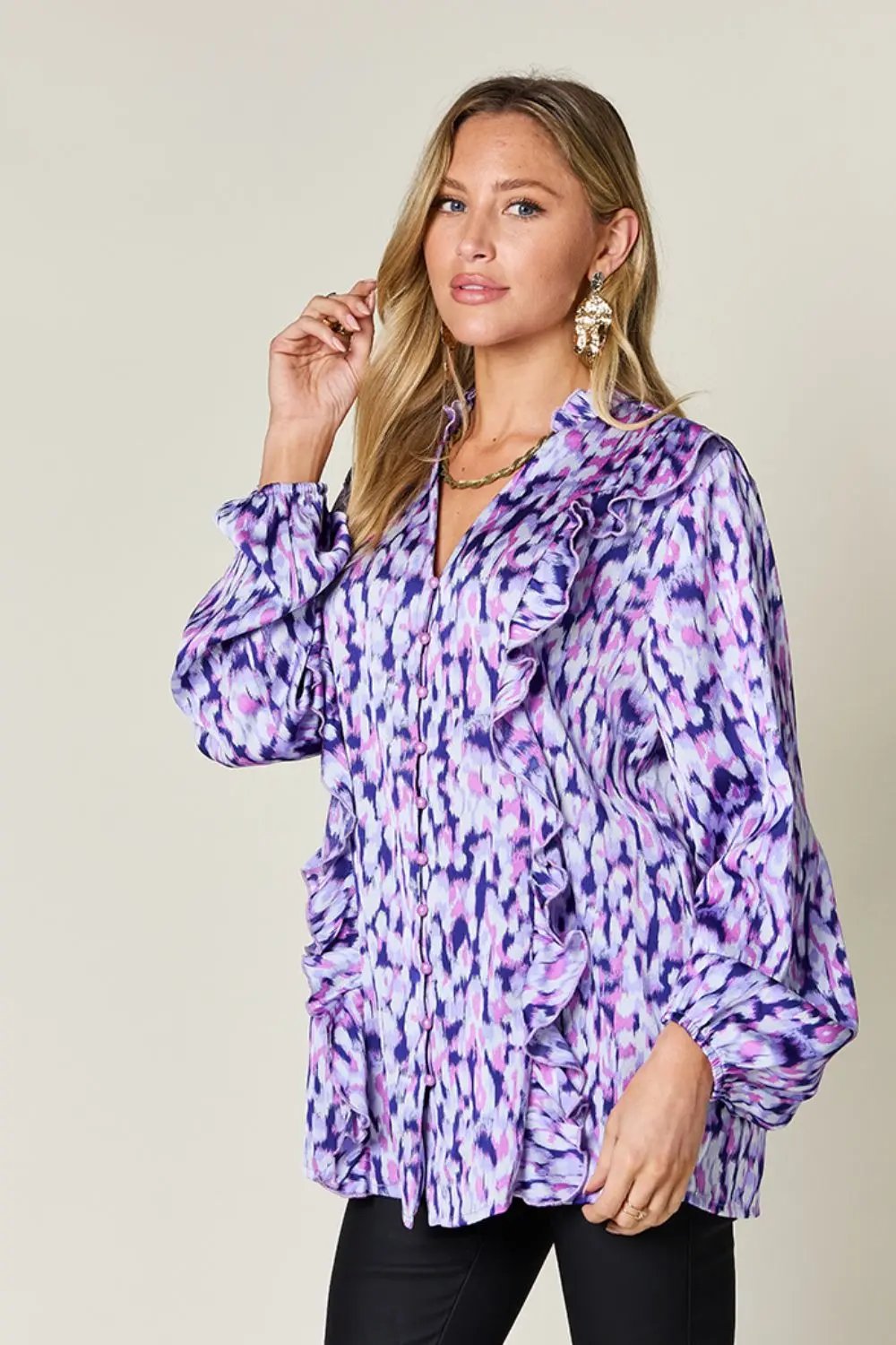Double Take Full Size Printed Ruffle Trim Balloon Sleeve Shirt - Love Salve