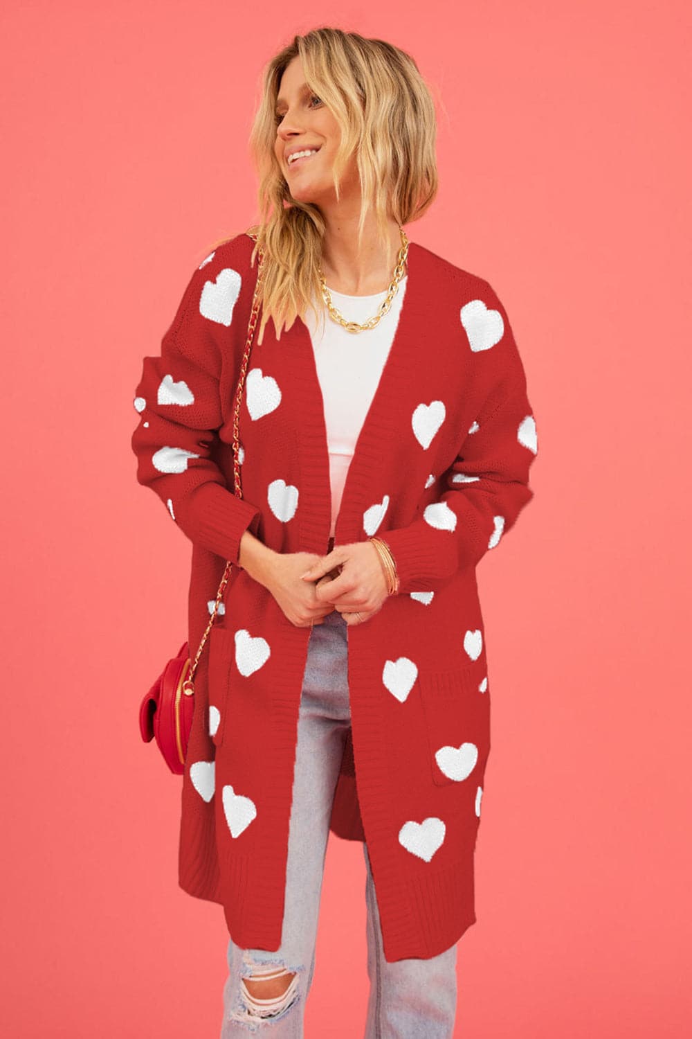 Heart Graphic Open Front Cardigan with Pockets.