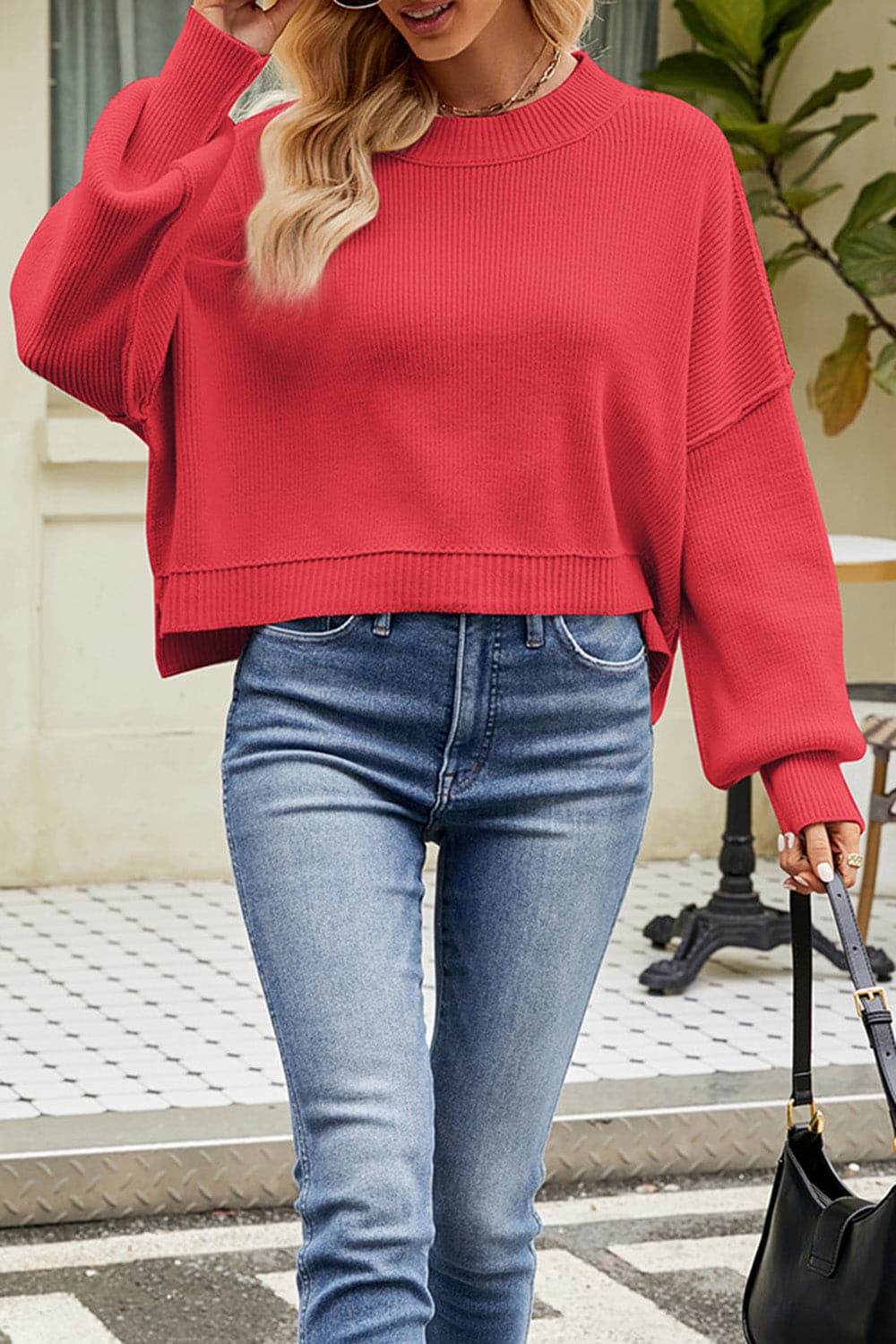 Round Neck Dropped Shoulder Sweater.