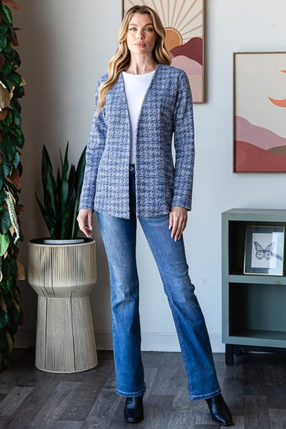 Chic houndstooth tweed open front blazer for effortless style