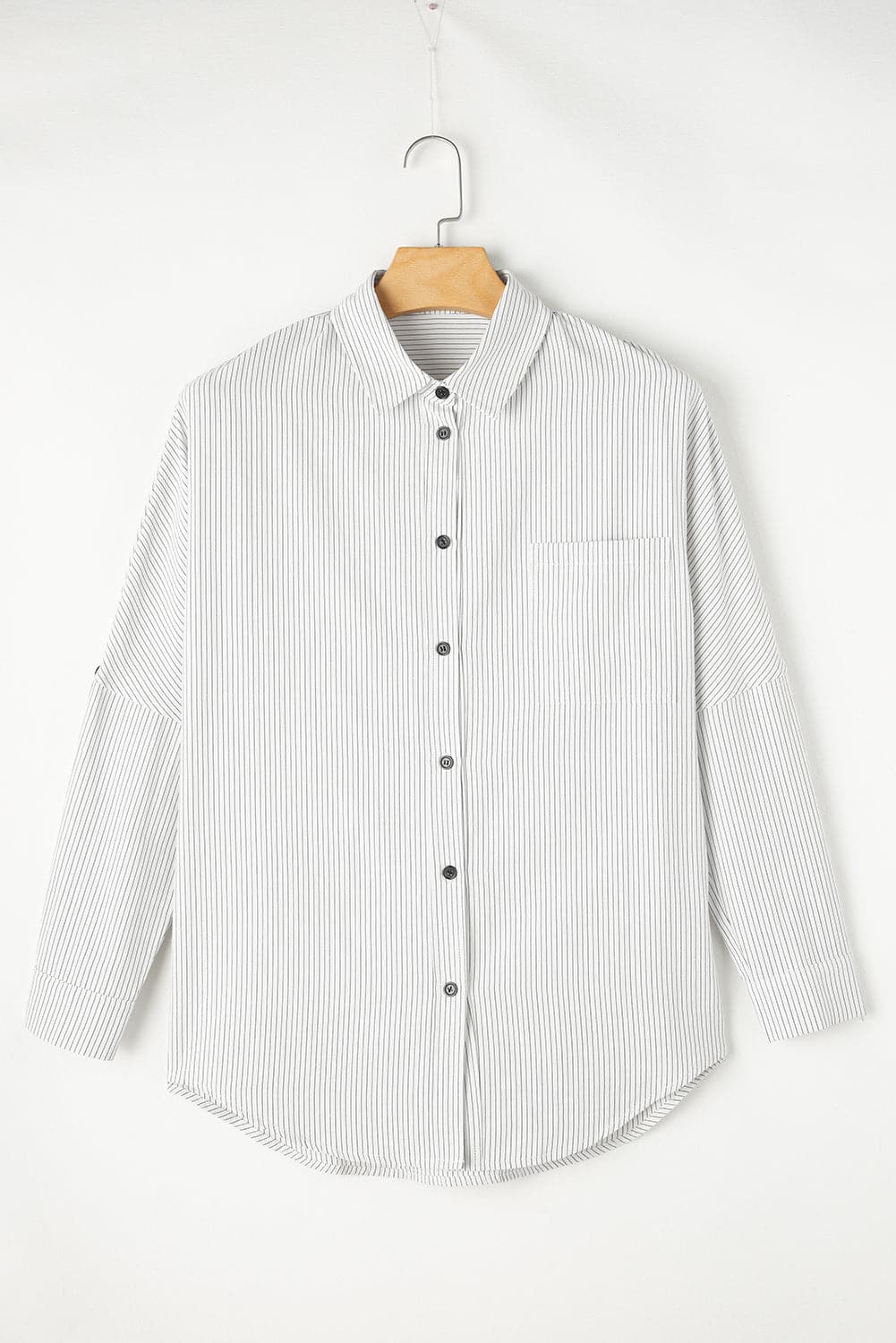 Pocketed Striped Collared Neck Long Sleeve Shirt.