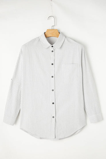 Pocketed Striped Collared Neck Long Sleeve Shirt.