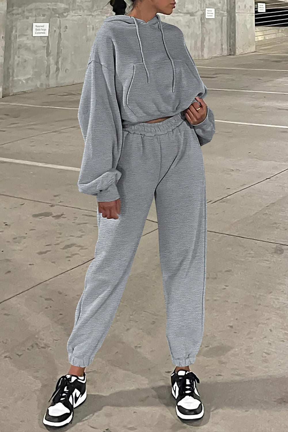 Cozy gray hoodie and joggers set for active adventures