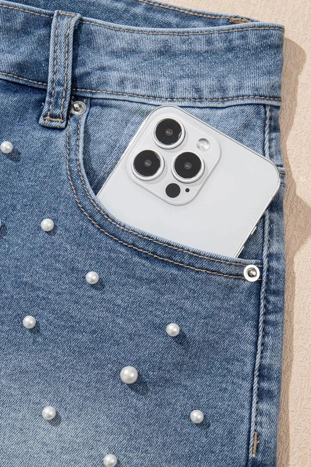 Pearl Beaded Raw Hem Wash Denim Shorts Simply Love