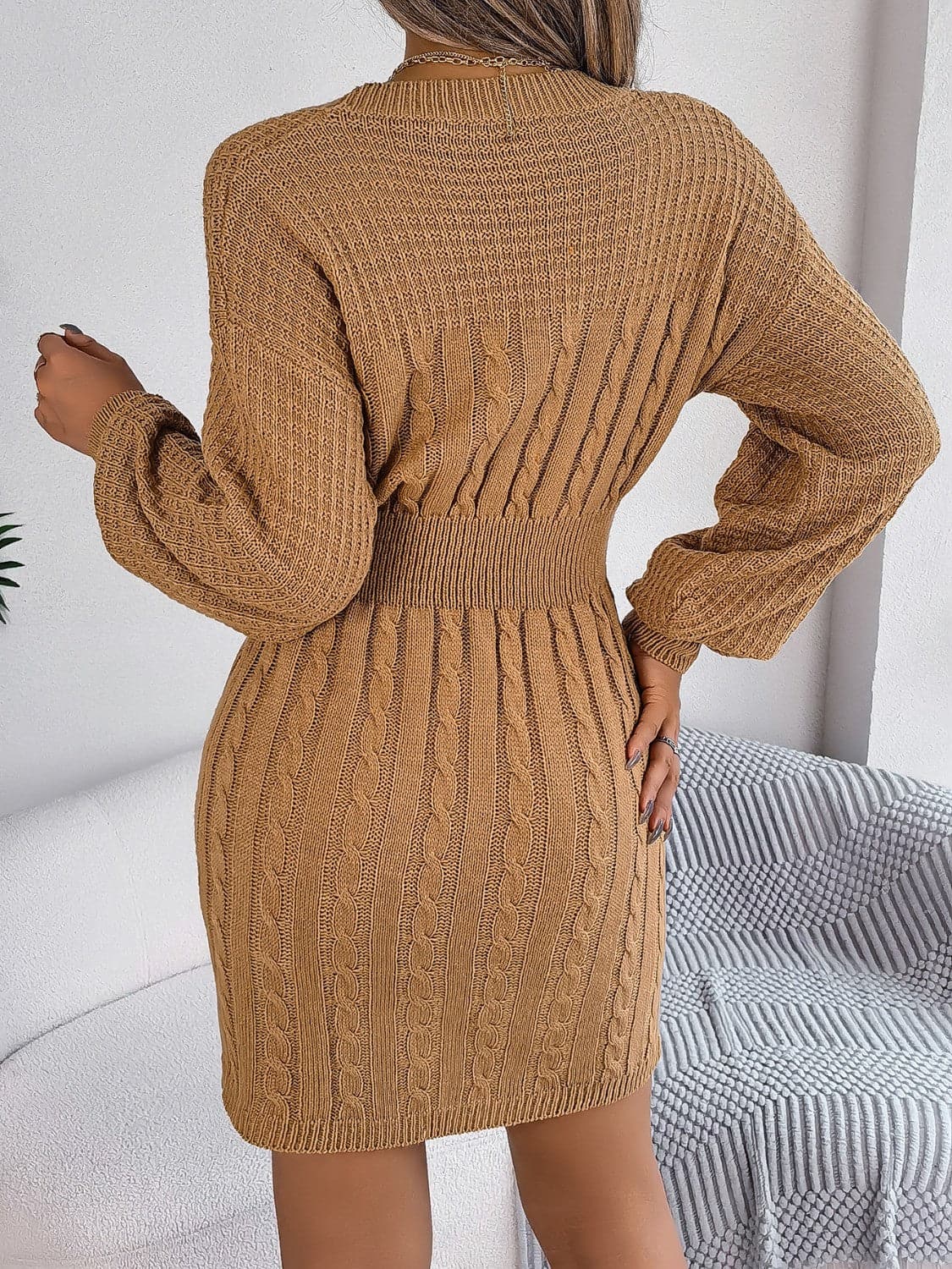 Cable-Knit Cutout Round Neck Slit Sweater Dress.