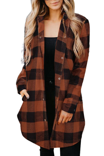 Chic brown plaid shirt coat with turn-down collar