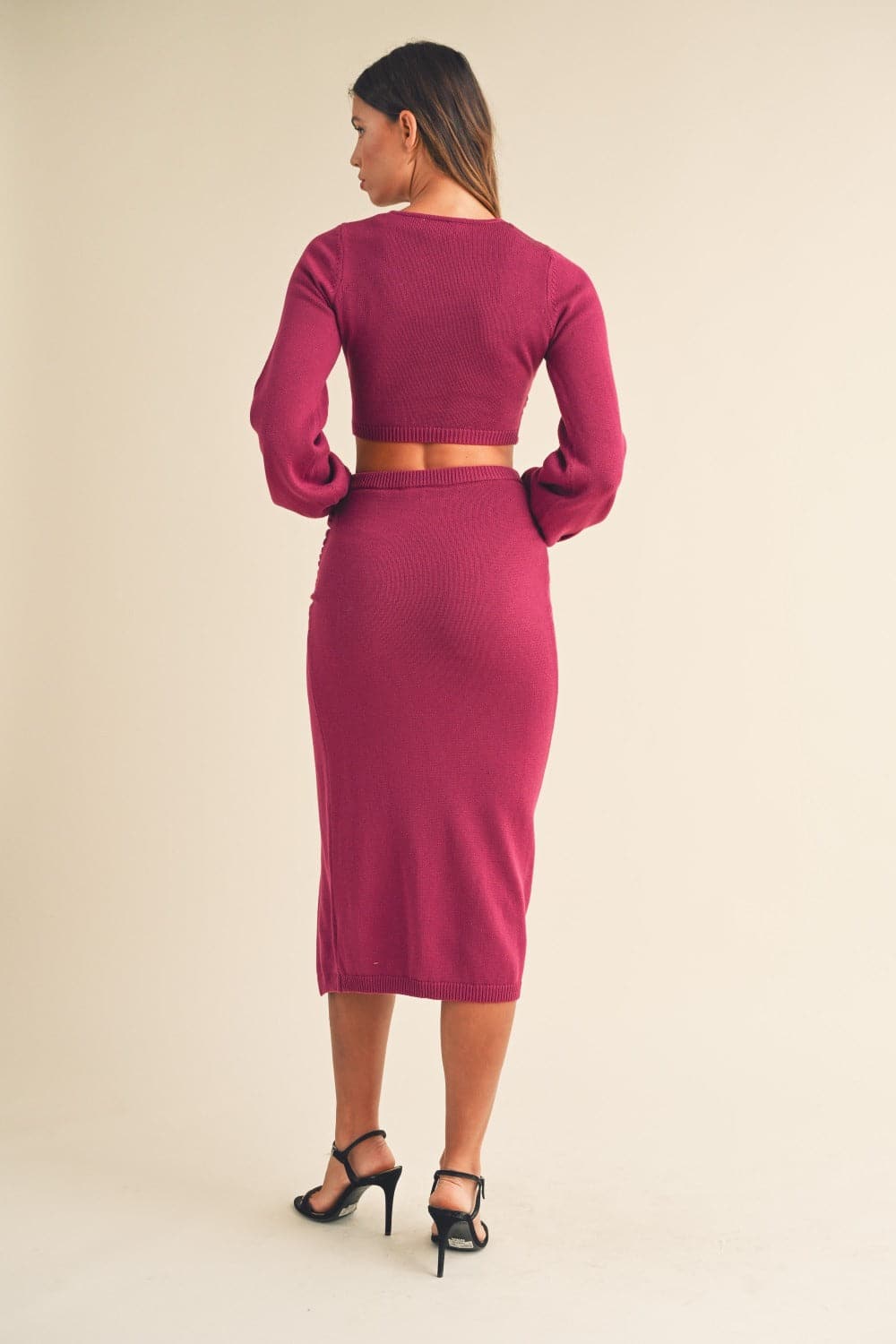 Chic front twist knit top and midi skirt ensemble