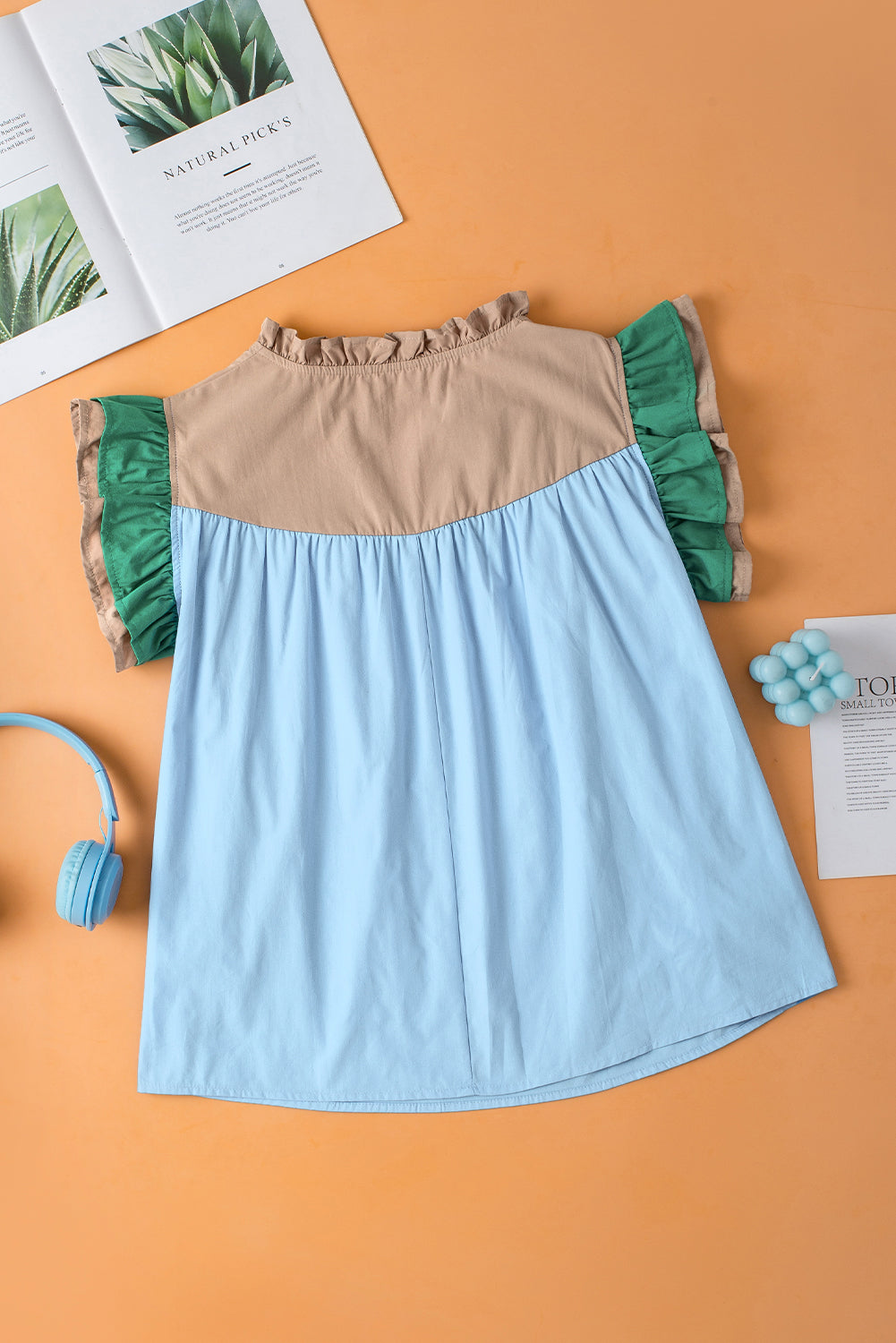 Mist blue ruffled sleeve frill blouse with colorblock design