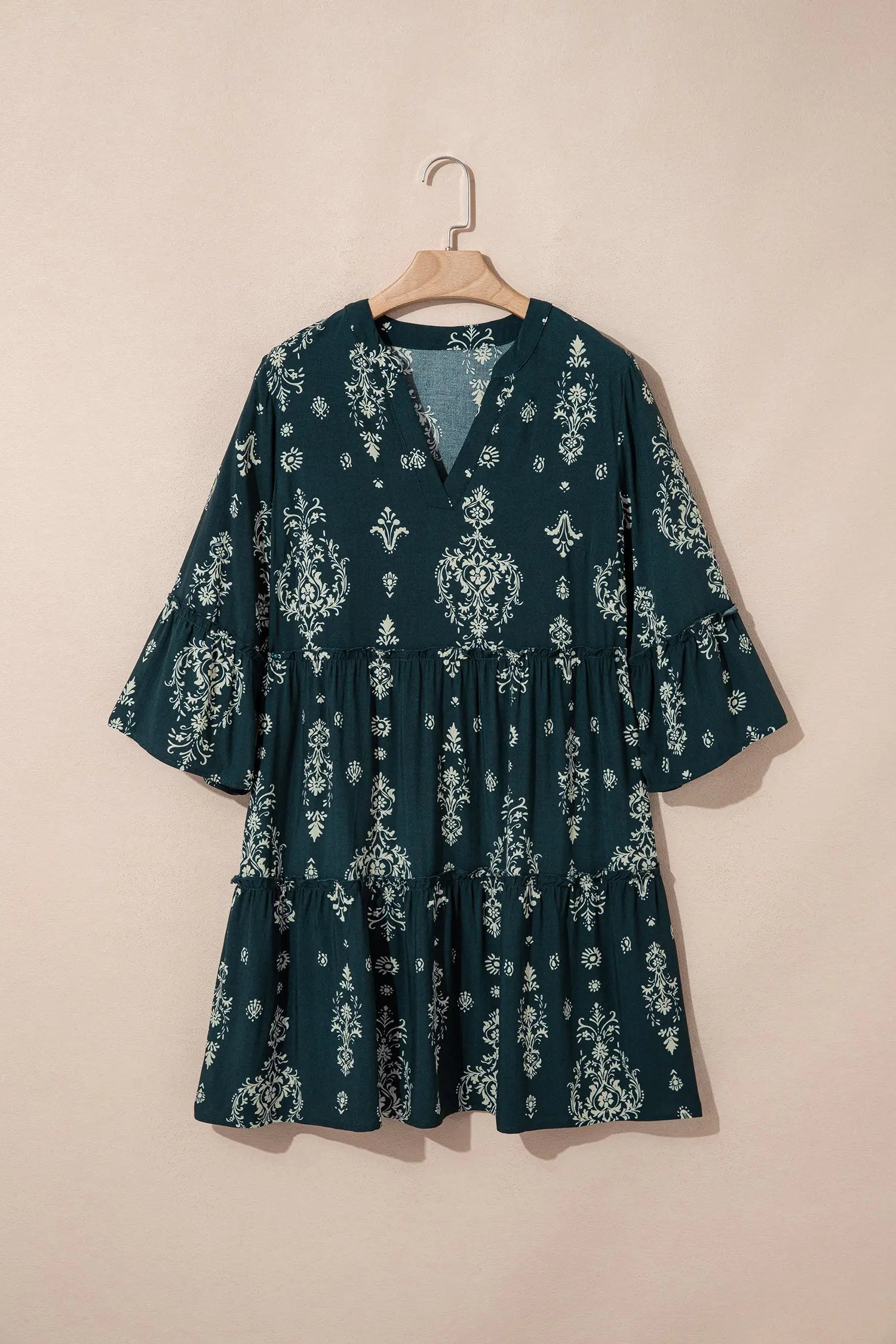 Blue Boho Floral Print Lettuce Trim Mini Dress With Three Quarter Sleeves Dear-Lover Dropshipping
