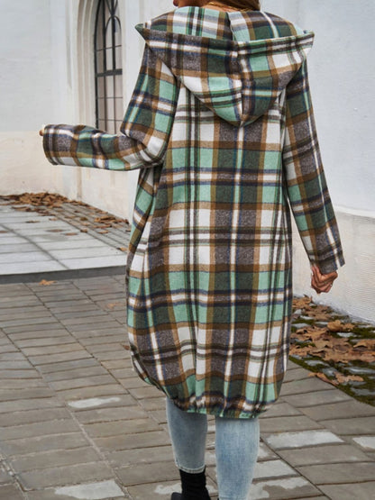 Plaid Zip Up Hooded Coat.