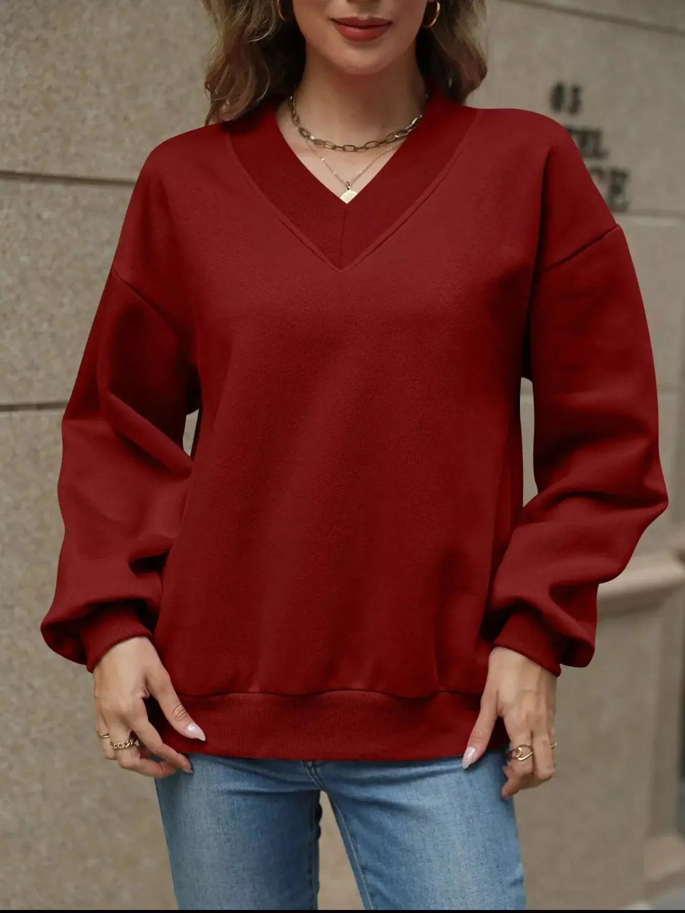 V-Neck Solid Color Casual Sweatshirt Simply Love