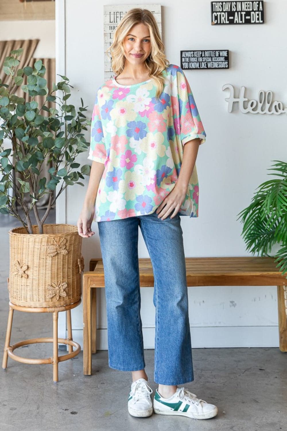 HOPELY Floral Waffle Oversized T-Shirt.