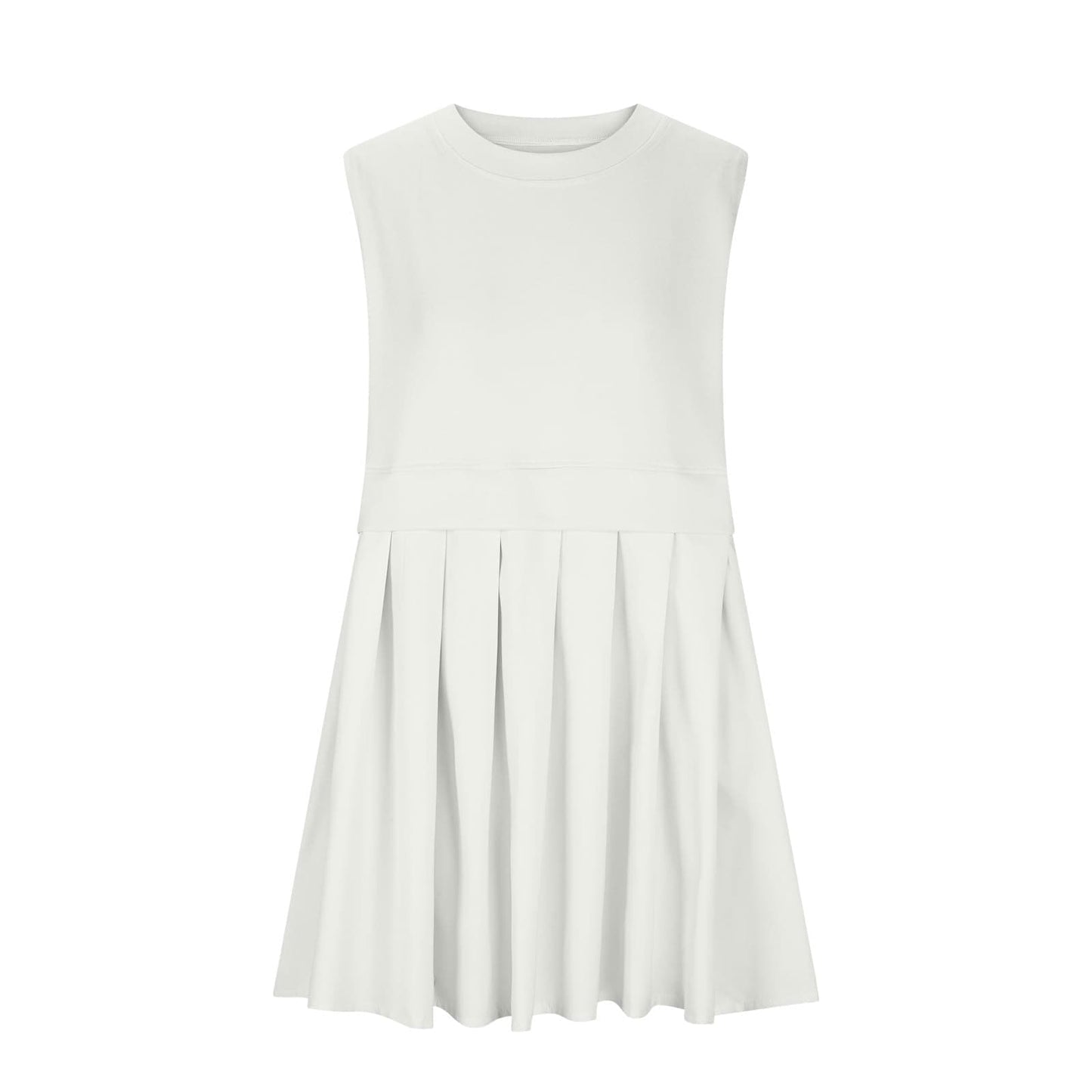 Pleated Round Neck Sleeveless Mini Dress.