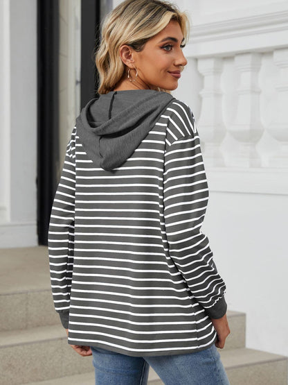 Drawstring Striped Long Sleeve Hoodie.