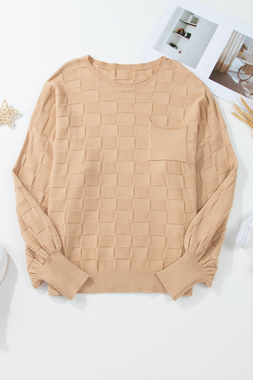 Cozy elegance: Light beige checkered textured knit sweater in plus sizes