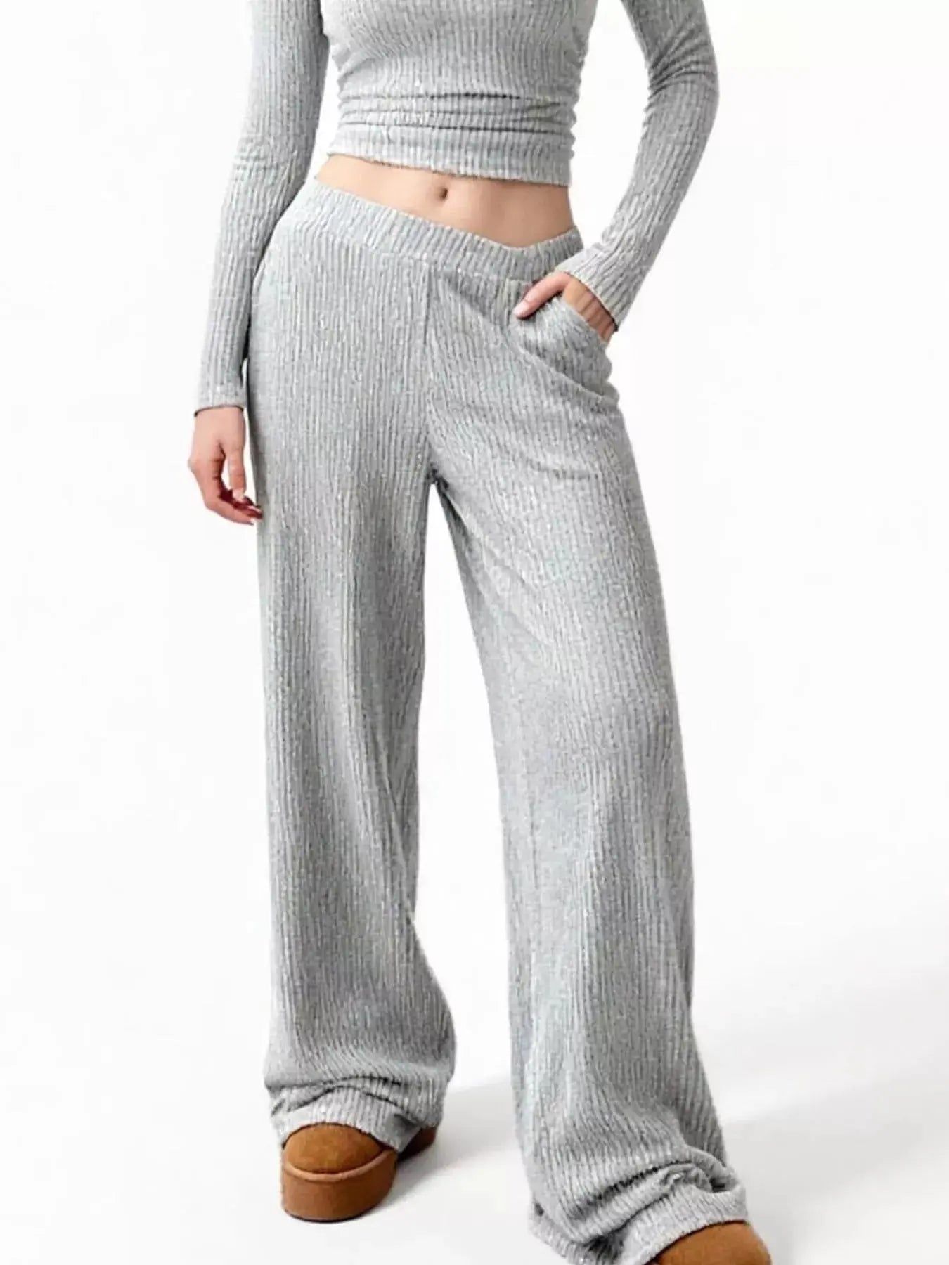 Two Piece Ribbed Knit Round Neck Top And Wide Leg Pants Set Silver Gray Simply Love