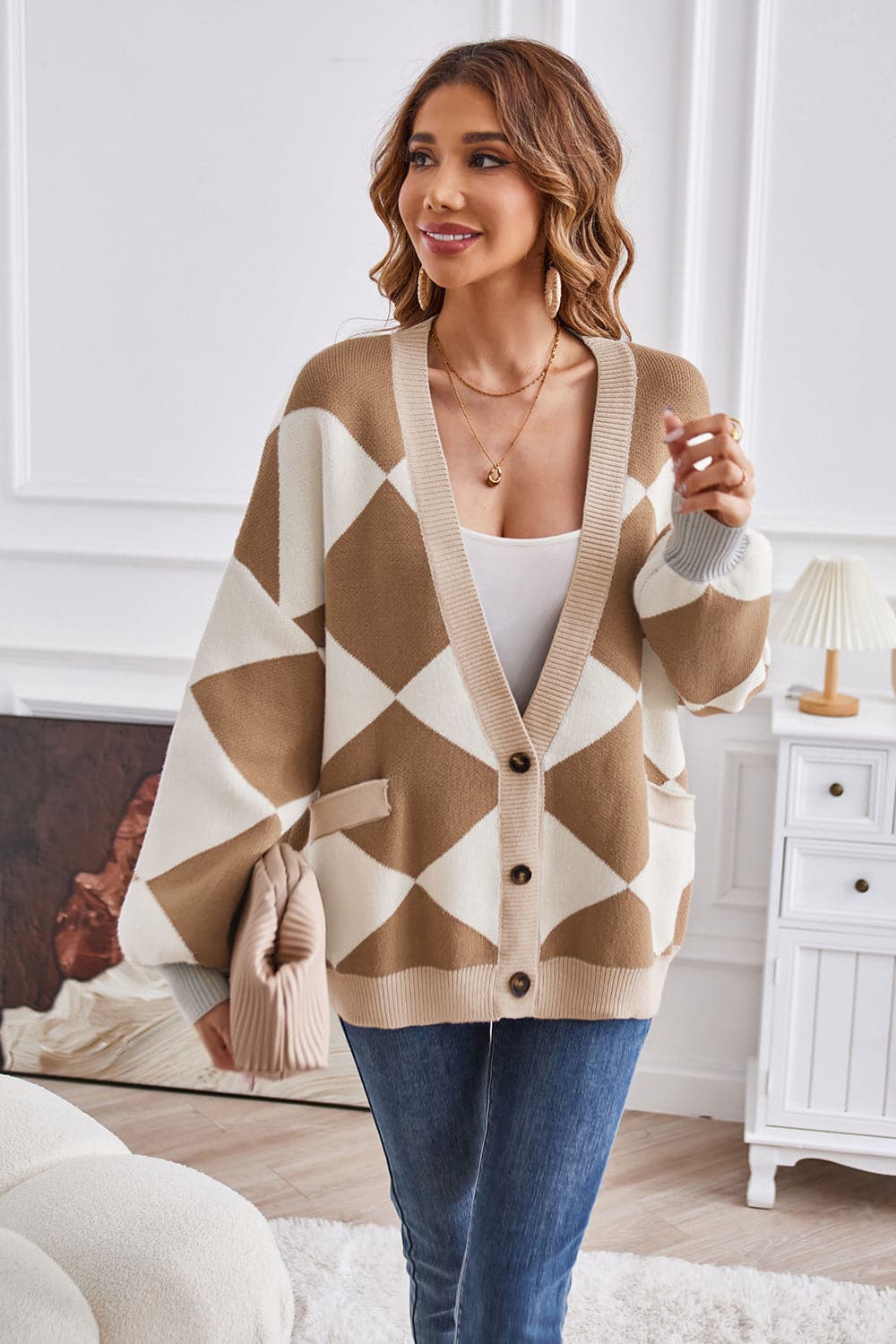 Geometric Lantern Sleeve Cardigan with Pockets.