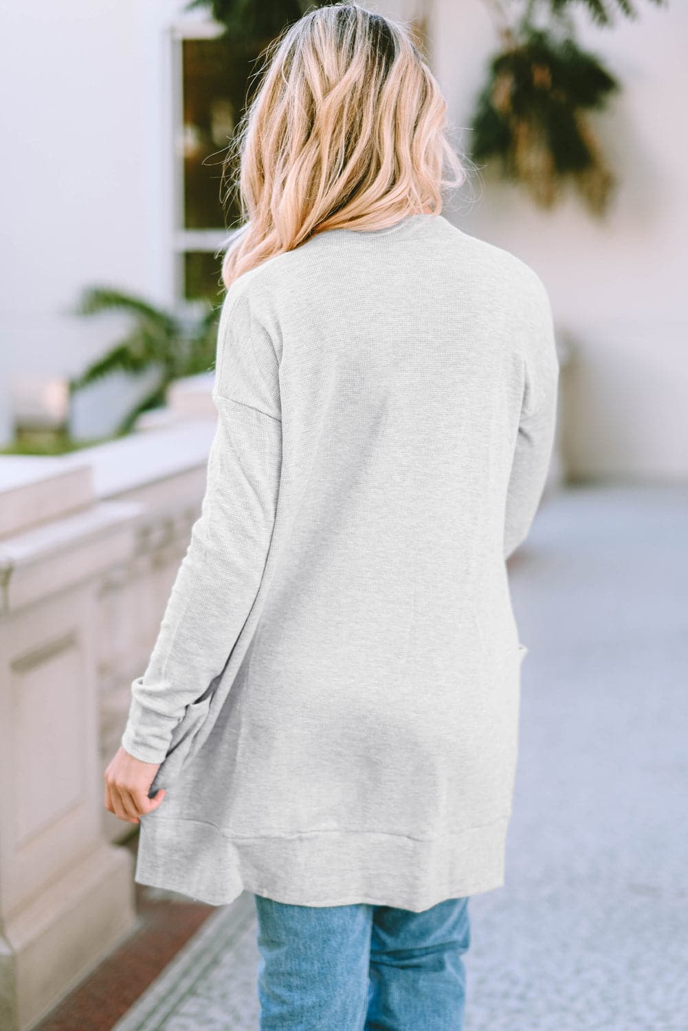 Pocketed Open Front Long Sleeve Cardigan.