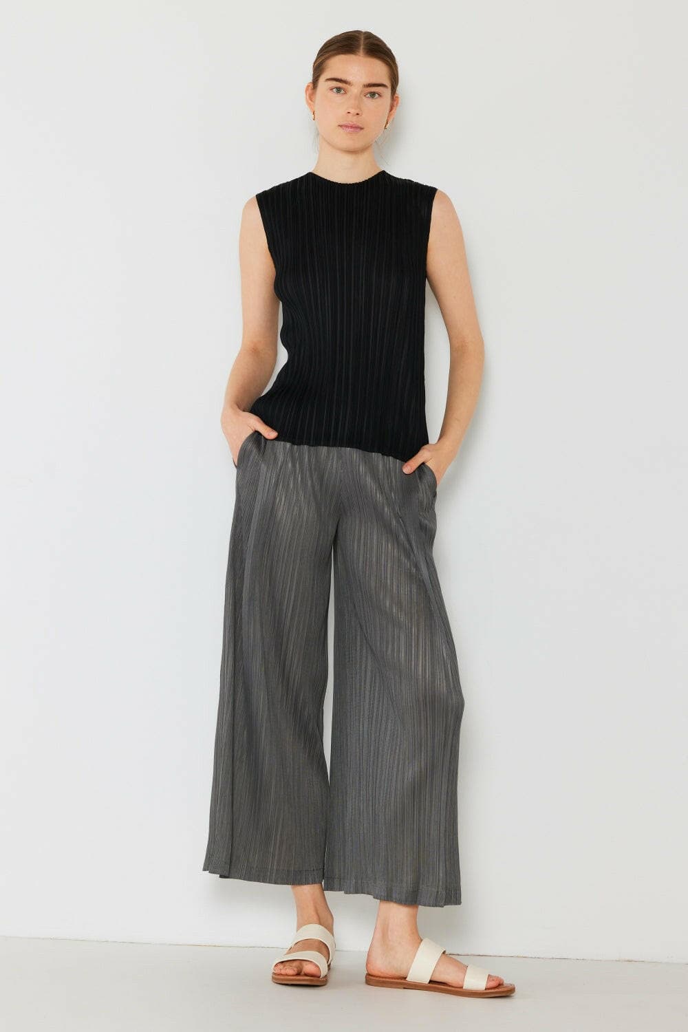 Marina West Swim Pleated Wide-Leg Pants with Side Pleat Detail.