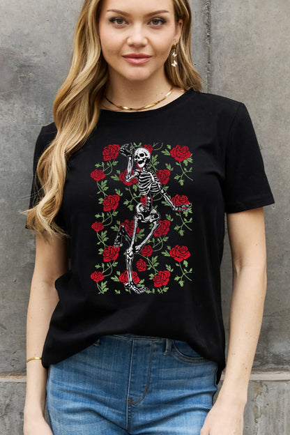 Skeleton rose cotton tee - casual style