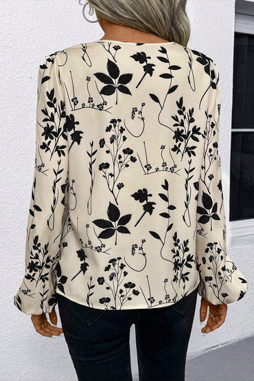 Premium Khaki Botanical Floral Print Split Neck Long Sleeve Blouse