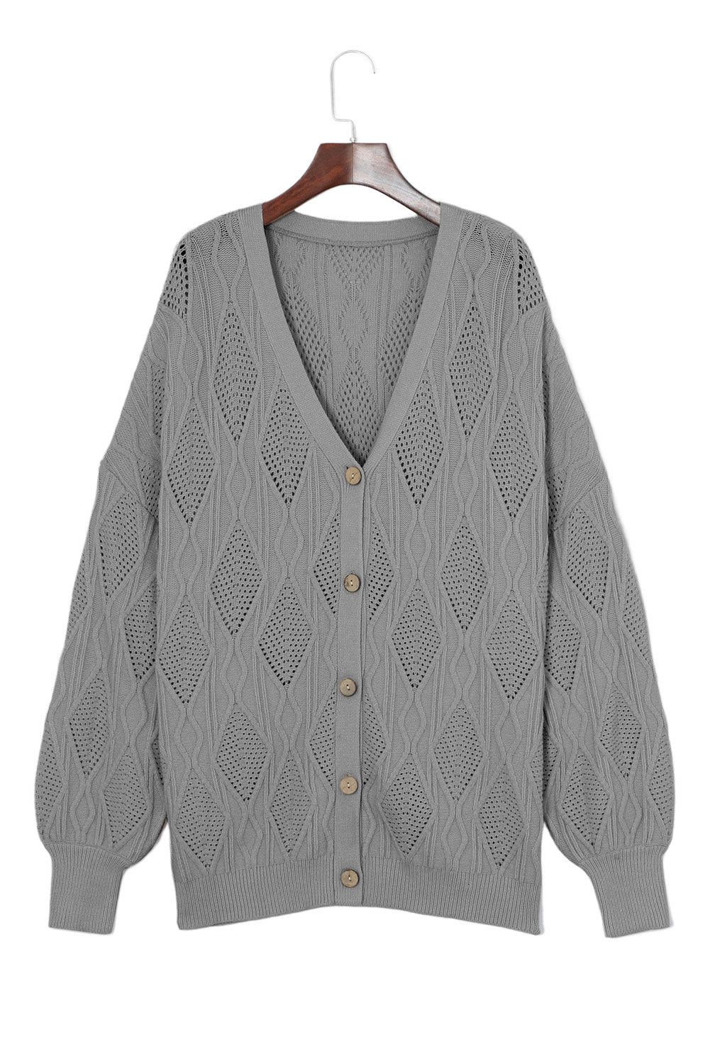 Chic gray plus size knitted cardigan with hollow-out details and button front