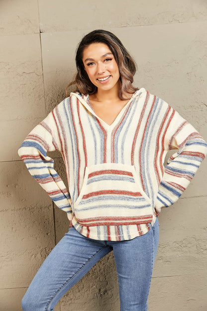 Striped Hooded Sweater with Kangaroo Pocket.