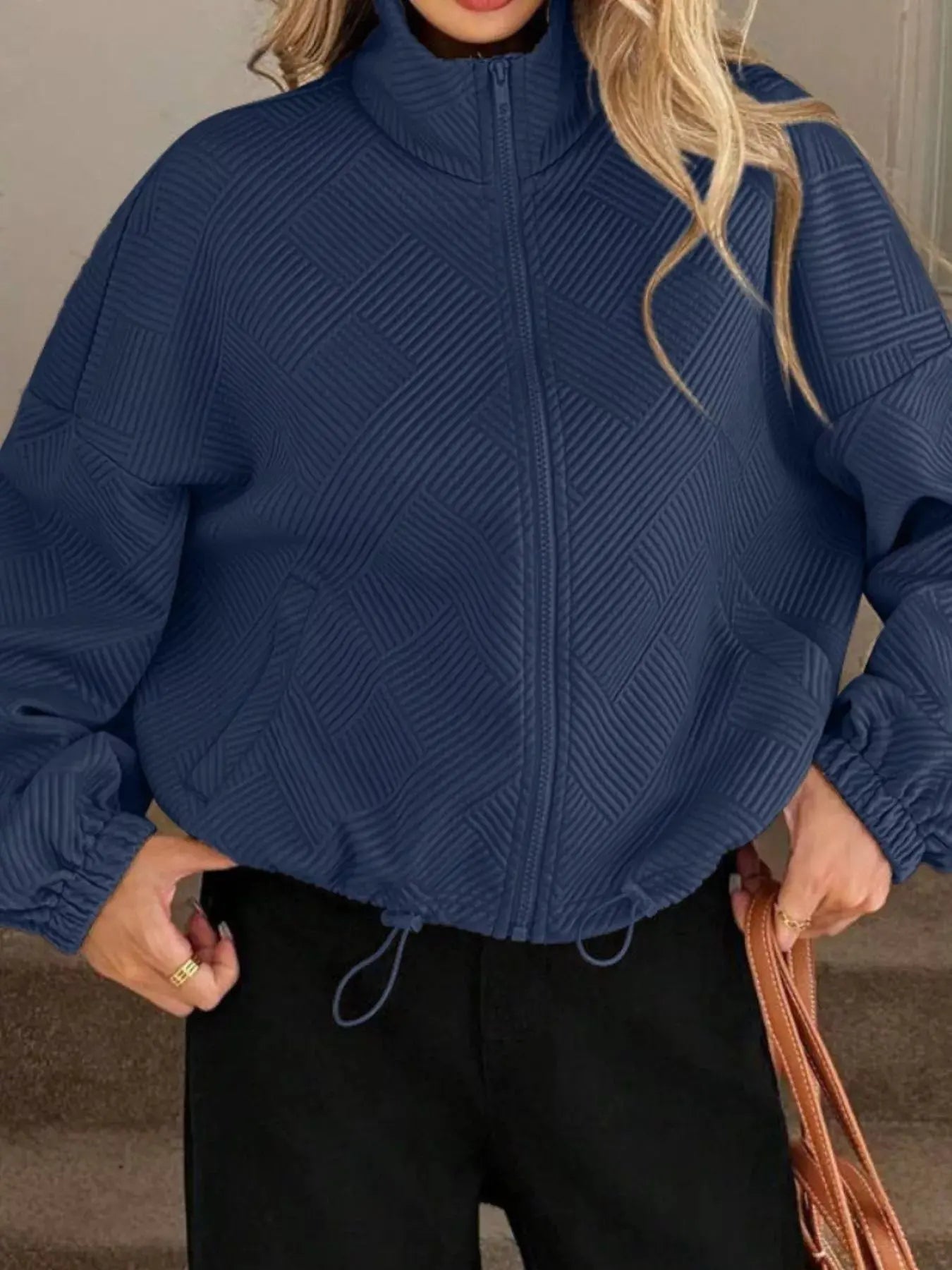Textured Zip-Up Drawstring Hem Jacket Simply Love