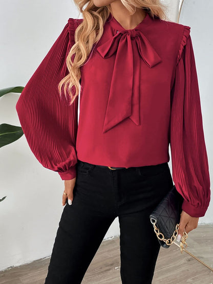 Frilled Tie Neck Long Sleeve Blouse by Perfee