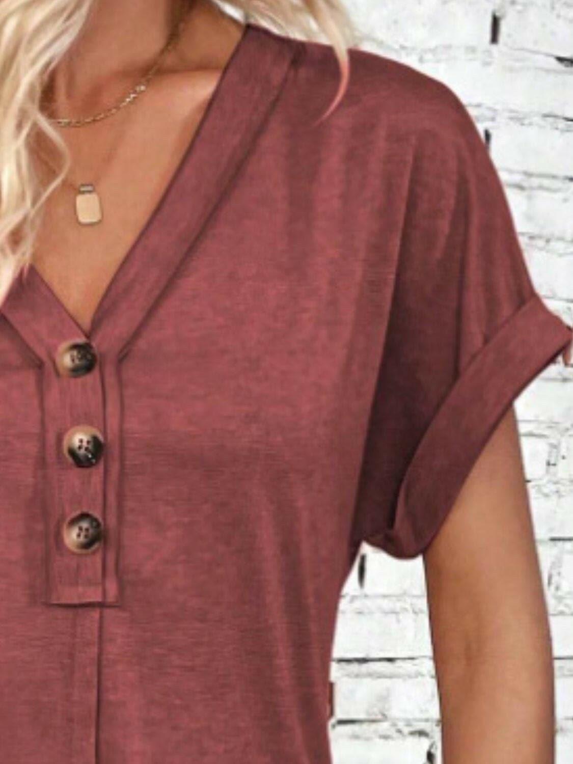 Quarter Button V-Neck Short Sleeve Dress.