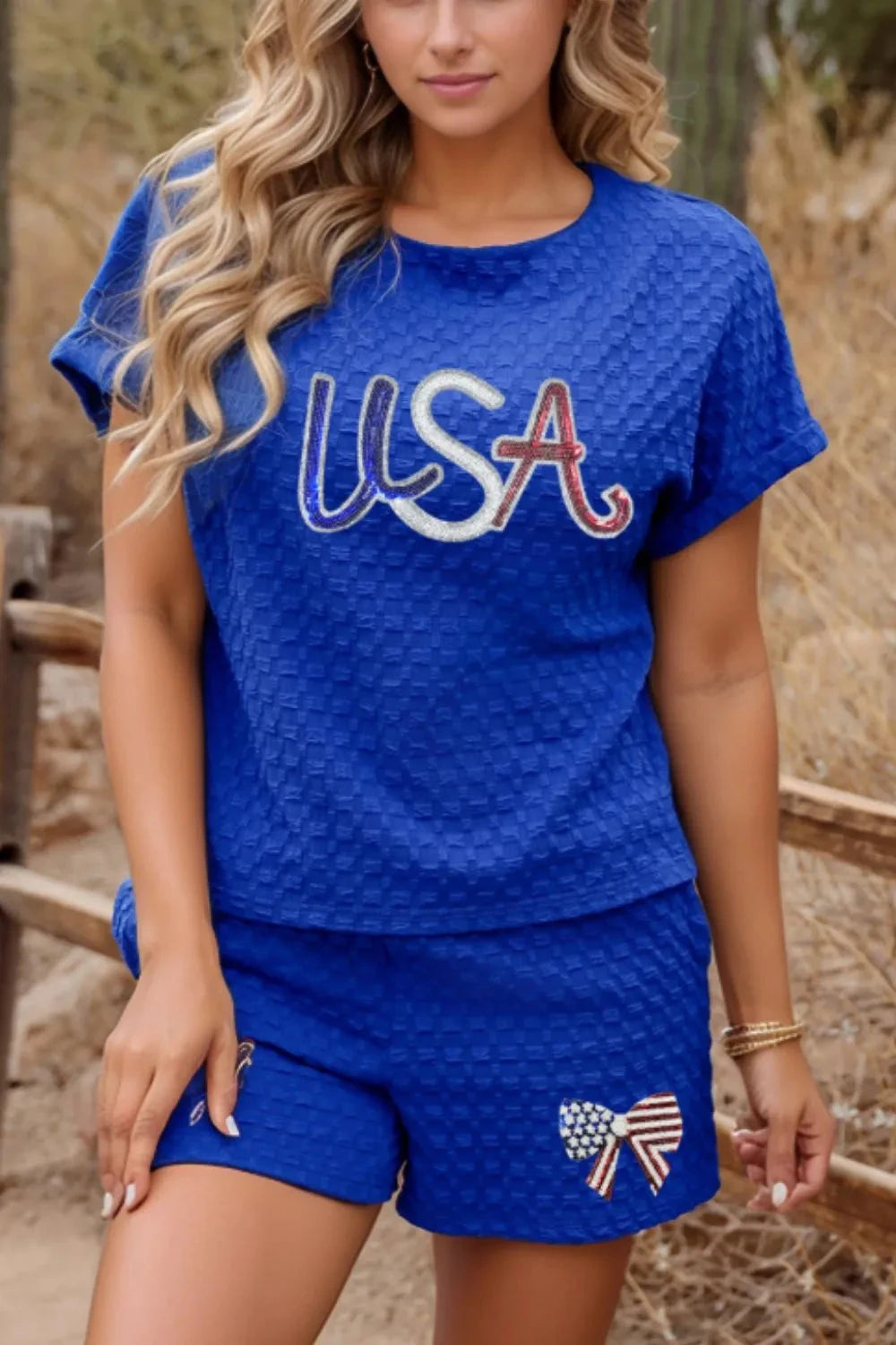 Textured Sequined USA Top and Bowknot Shorts Set Simply Love