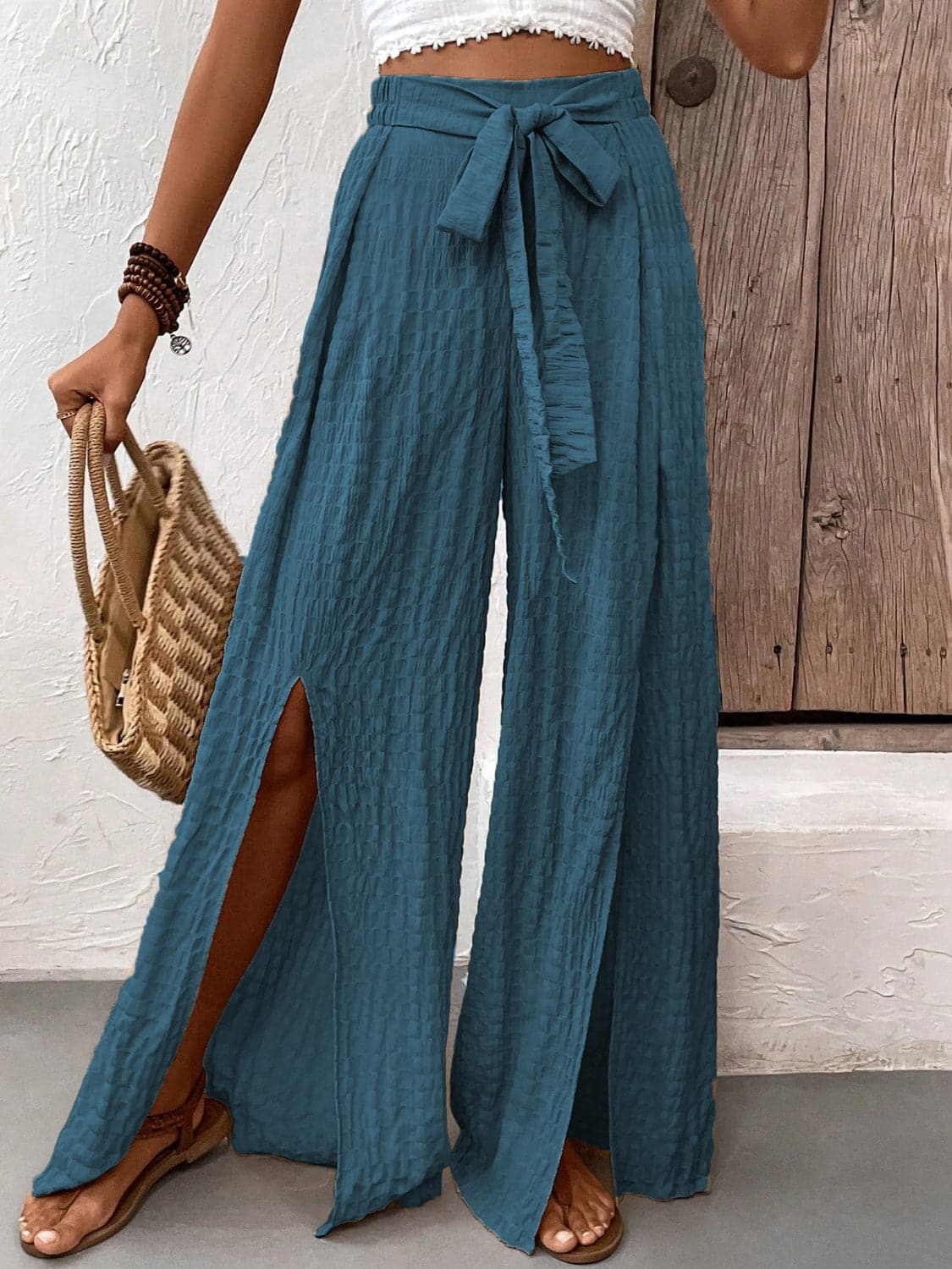 Tied Slit Wide Leg Pants.