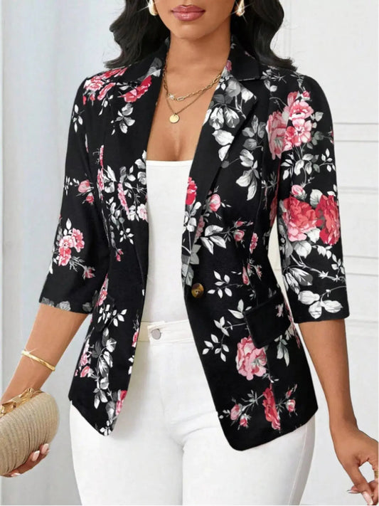 Floral Print One Button Casual Blazer For Women Lined Polyester Simply Love