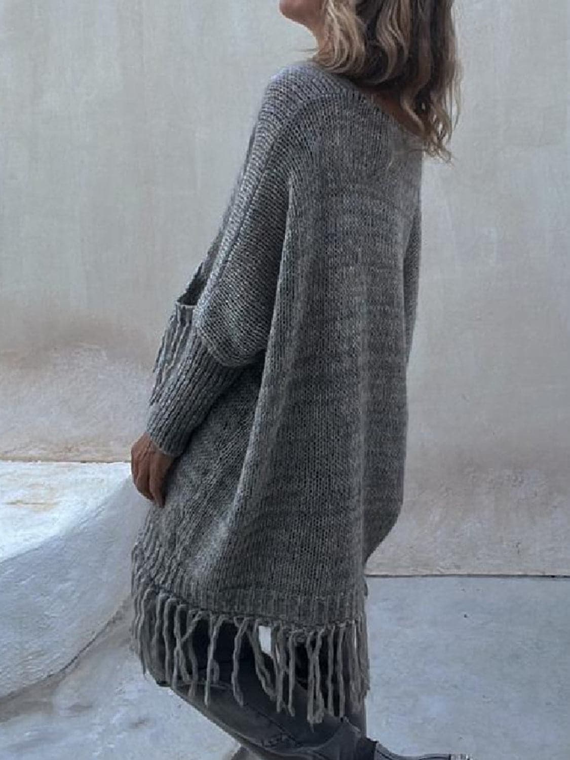 Fringe Detail Long Sleeve Sweater with Pockets.