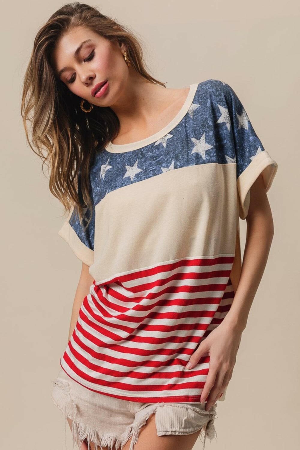 BiBi American Flag Theme Short Sleeve T-Shirt.