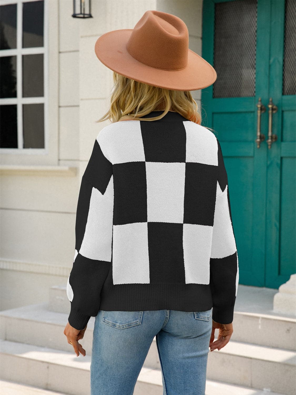 Checkered Round Neck Dropped Shoulder Sweater.