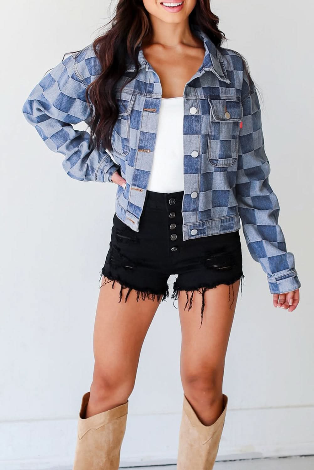 Light Blue Checkered Patchwork Button up Denim Jacket - Love Salve 
