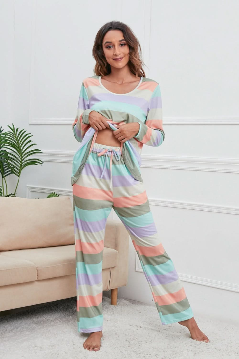 Striped Long Sleeve Lounge Set with Drawstring Pants and Round Neck Top